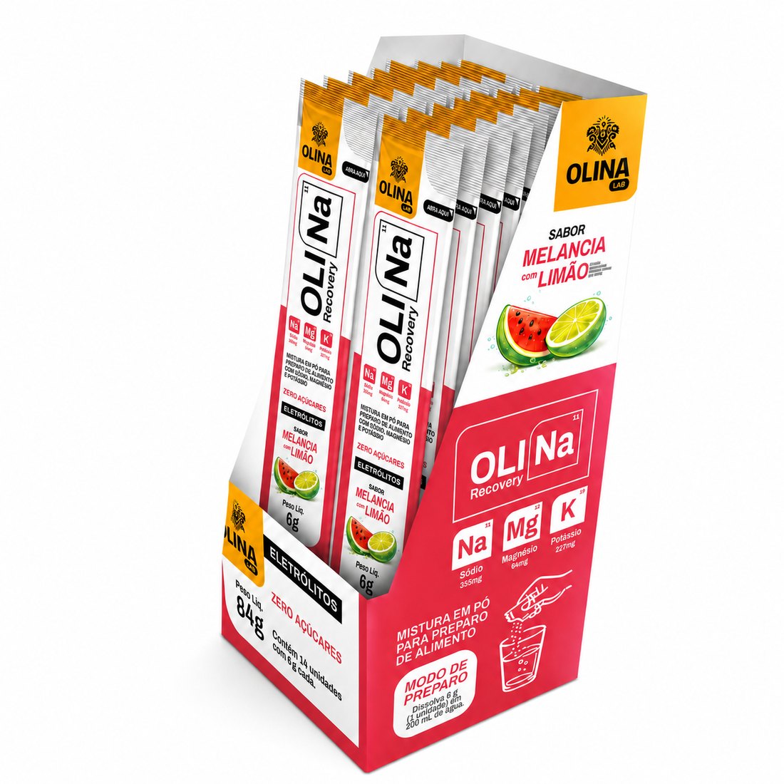 Display aberto de Oli Recovery sabor Melancia com Limão, com os sachês em pé